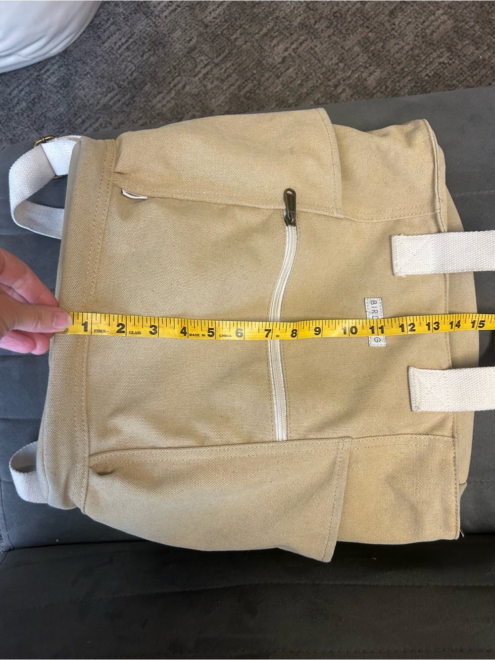 Birdling Tan Cream Laptop Backpack Tote Canvas 15” x 13” Pinstripe Interior - Picture 7 of 8